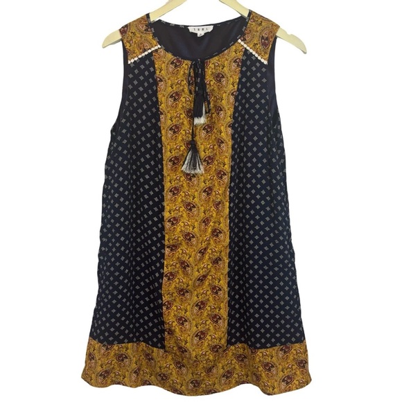 Anthropologie THML Fall Navy Brown Paisley A-Line Midi Dress Sz M Tassel Tie - Picture 2 of 9